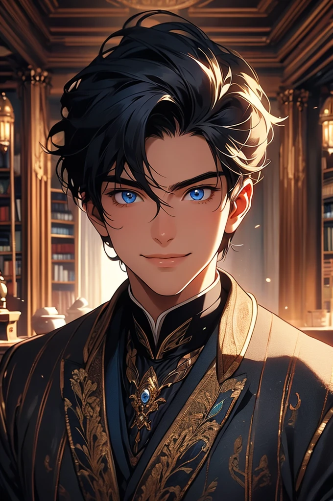 [32k, 8k, ultra detailed image] Victorian era, background of a room with many books, young man with black hair and well-detailed blue eyes, confident and powerful expression, confident smile, 1.3 smile, [image focused on the character's face]