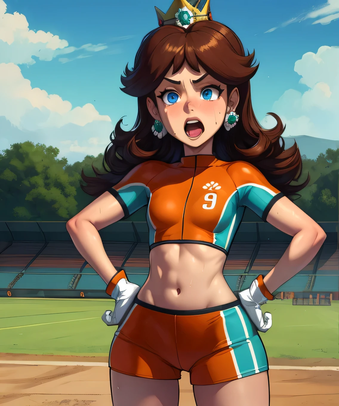 Daisy,brown hair,blue eyes,long hair,flower earrings,small crown,
number 8 soccer uniform, short sleeves, white gloves, orange shorts, midriff, number 8,
standing, sweaty, exhausted, hand on hips
soccer field, science fiction, outdoors, open mouth
(insanely detailed, masterpiece, best quality), 