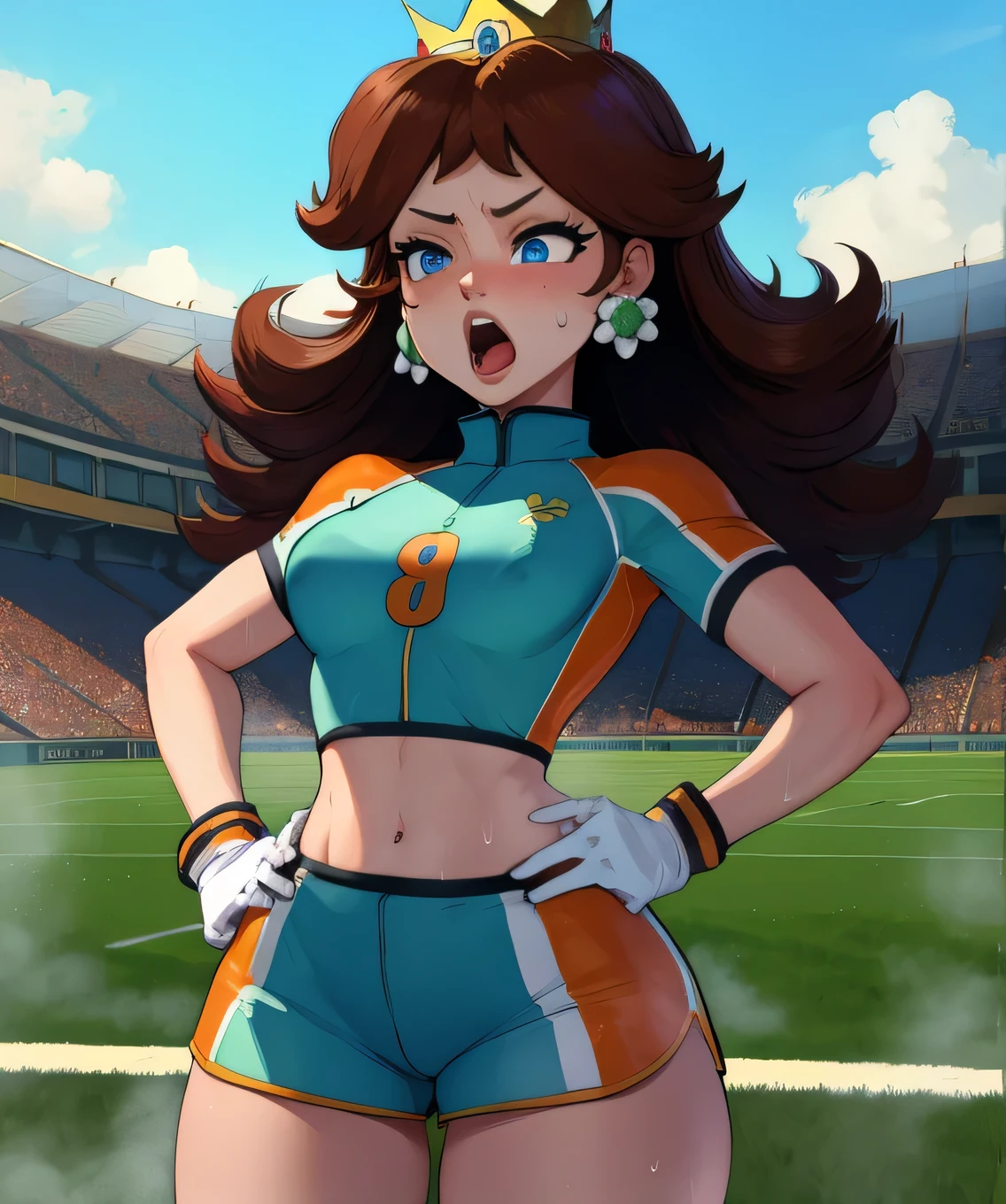 Daisy,brown hair,blue eyes,long hair,flower earrings,small crown,
number 8 soccer uniform, short sleeves, white gloves, orange shorts, midriff, number 8,
standing, sweaty, exhausted, hand on hips
soccer field, science fiction, outdoors, open mouth, steam coming out of mouth, breath, heavy breathing
(insanely detailed, masterpiece, best quality), 