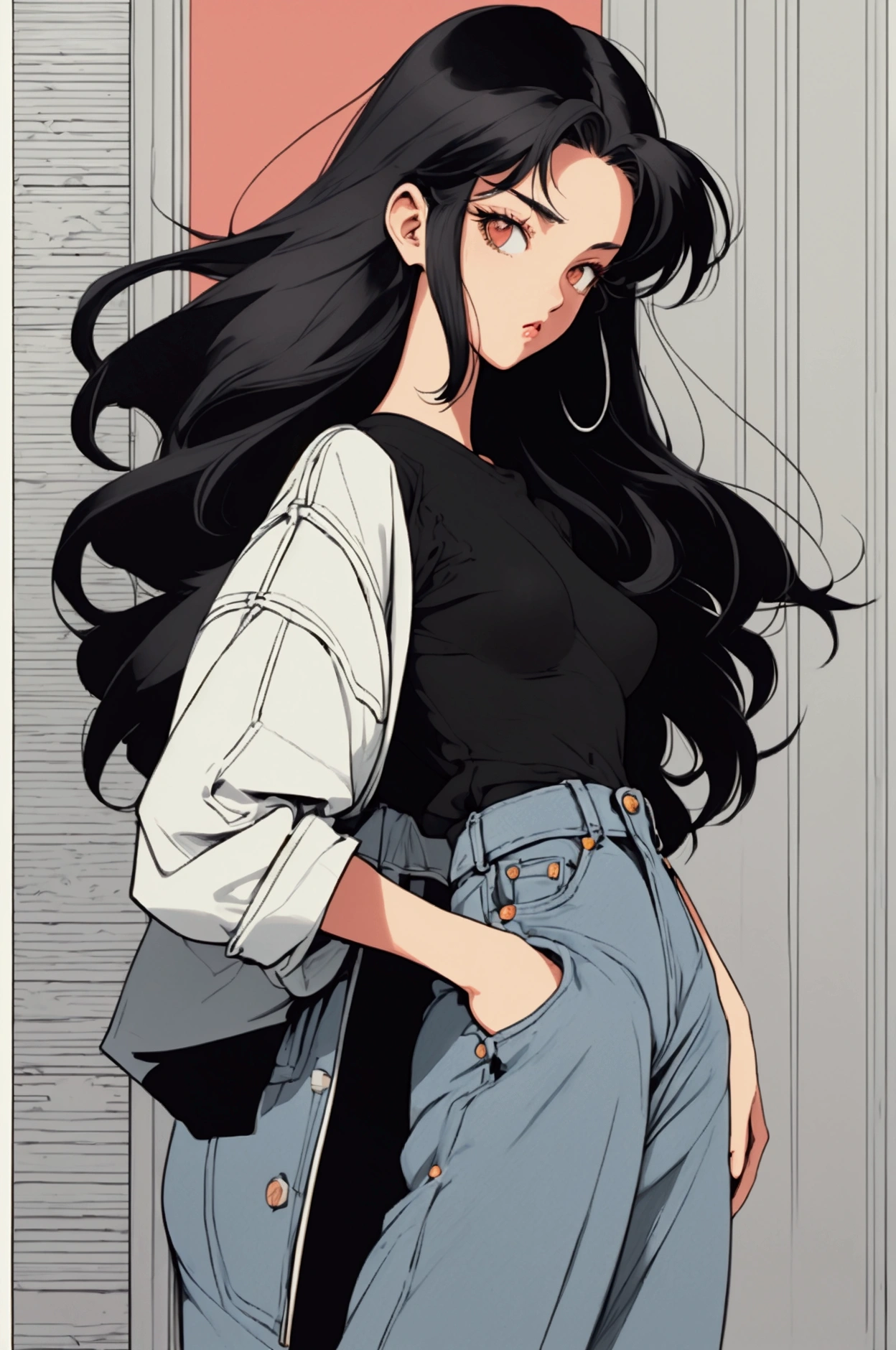 Women, 90s, retro, baggy jeans, black T-shirt, ( flat colors , Flat texture, linear drawing:1.2),  small breasts ,  long white hair , silk hair . city background, moto vespa.