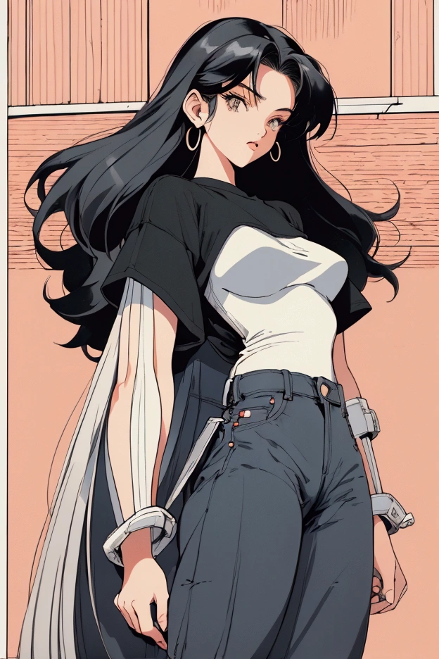 Women, 90s, retro, baggy jeans, black T-shirt, ( flat colors , Flat texture, linear drawing:1.2),  small breasts ,  long white hair , silk hair . city background, moto vespa.