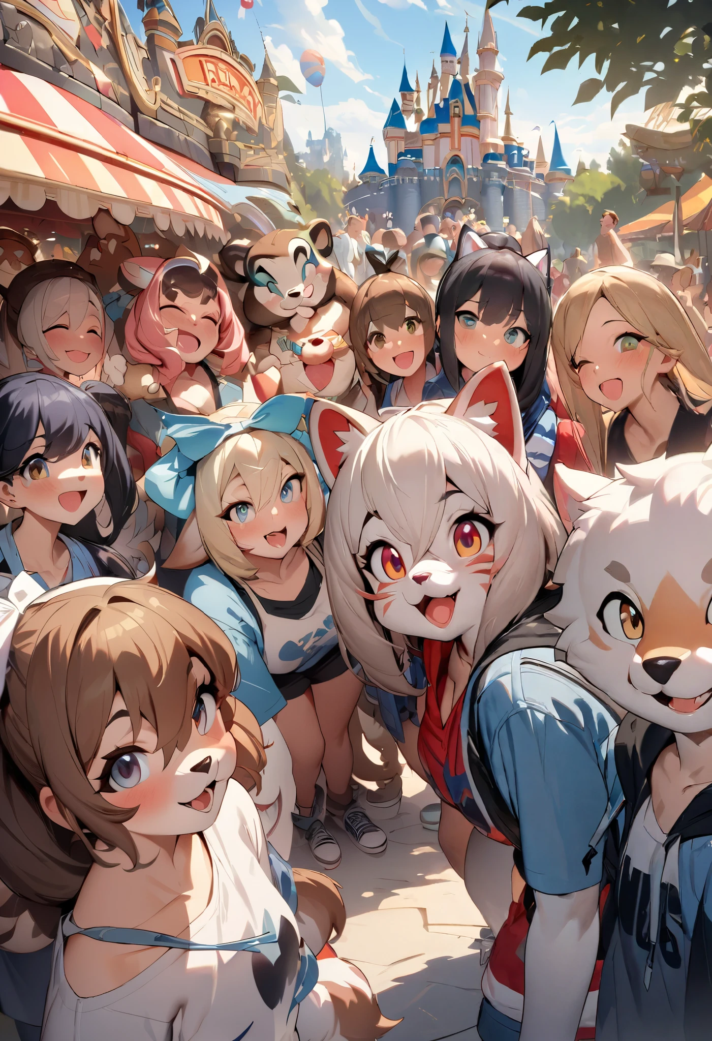 top quality, best quality, High-quality illustrations, masterpiece, super high resolution, detailed background, detailed background, An amusement park, Disneyland, 3+boys, 3+girls, Happy, joyful, absurdres, perfect anatomy(Photos taken with friends)(kemono, furry anthro),