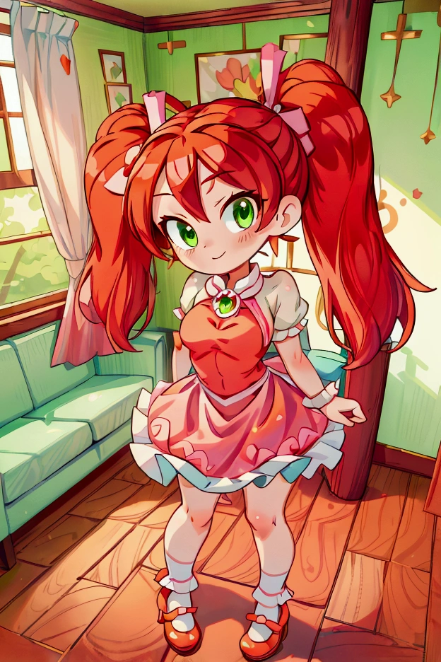 (Masterpiece, best quality) standing indoors with intricate details and sunlight, 1girl, red hair, twintails, green eyes, hair bow, pink and white frilled dress with short neckline, orange heels shoes, Mischievous smile,sexy pose, coquette, beautiful long legs, teen girl, gorgeous body, pronounced breasts.
