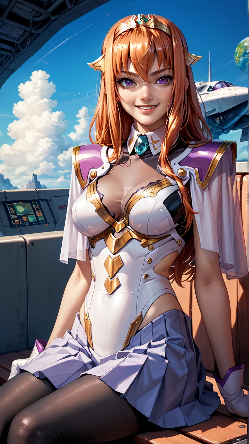 score_9, score_8_up, score_7_up, score_6_up, cowboy shot, semi-realistic, smile, anime style,alien planet, spaceship, outdoors, sky,  1girl,bench, sitting, Maya Cordelia, 1girl,
orange hair, long hair, sidelocks, purple eyes, tiara,
capelet, white bra, detached collar, bodystocking, white gloves, pleated skirt, black pantyhose,