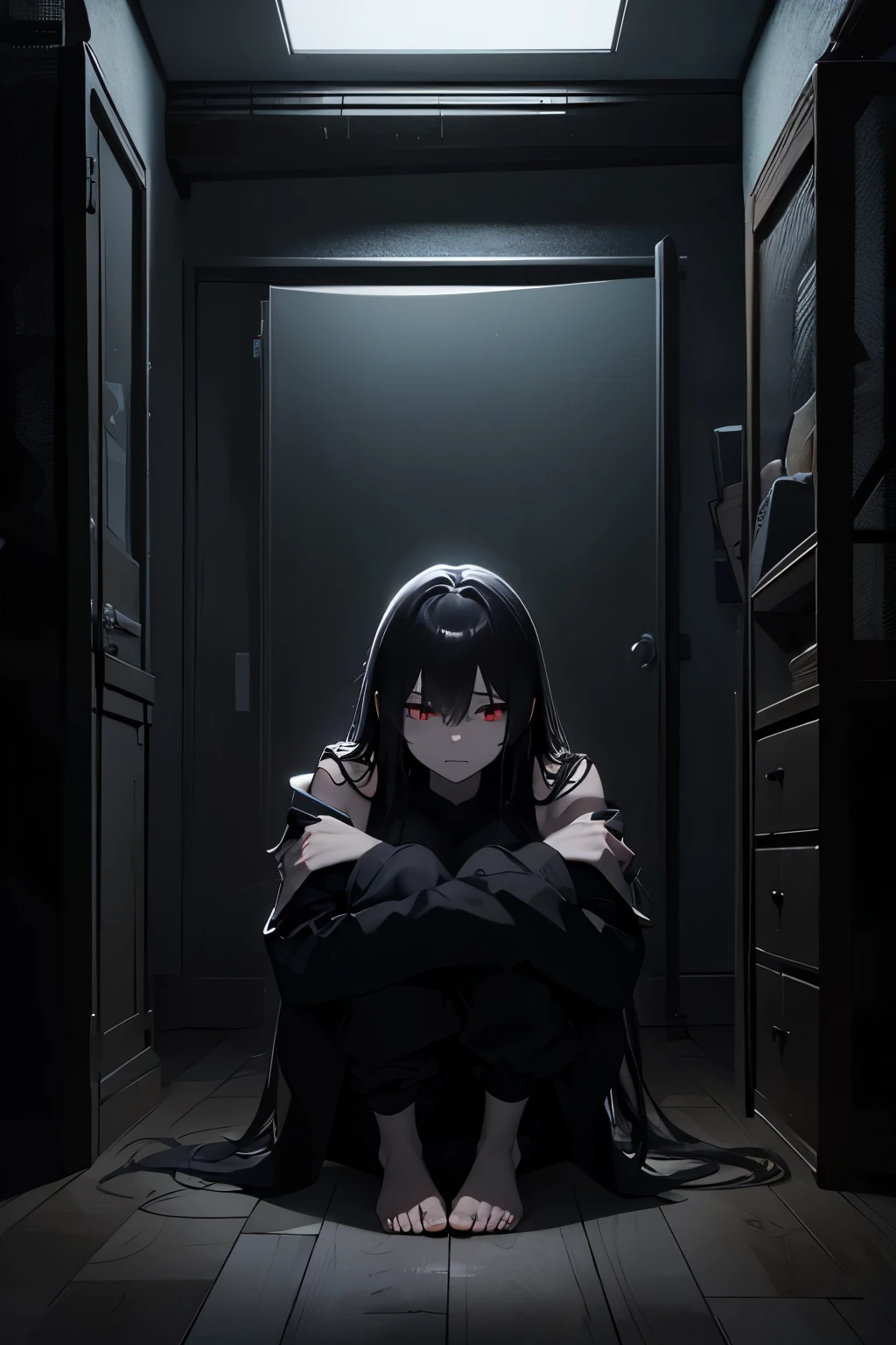 ((Yoru)), sitting,was, annoyed,clothes and school, bright Eyes, circular pupils,dark background, dark environment, Dark style, dark outline, fondo bright Eyes, atmosphere horror horror,dark art,Long Hair