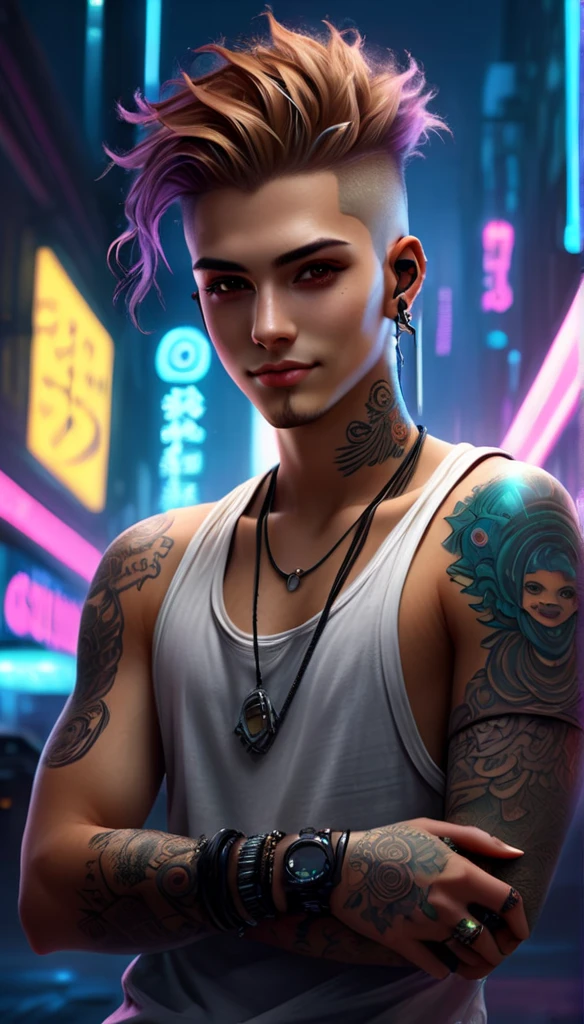 full shot:1.4,  full body: 1.4, ((a confident young man ,  sensual and beautiful ,  ultra detailed )), ((sensual smile,  with a tattoo on his arm and cheek ,  beautiful and masculine hairstyle ,  Young and beautiful cyberpunk ,  Beautiful cyberpunk boy's face ,  light brown eyes :1.4)), dreamer, ((  beautiful and detailed hair  , soft and bright:1.3)),  Ambiente nocturno oscuro ,  colors of the night , Violet, blue, negro, gray,  ultra-realistic 8k , Cyberpunk 20 years. a model , The sensual portrait, highly detailed digital art of 32k ,  Beautiful digital artwork , Ciborg ciberpunk. ((orange, , brown colors: 1.2)),  Realistic 8K Digital Art ,  soft neon lighting on the face and body, full shot: 1.4, ((  very detailed : 1.4), ((  masterpiece  )), (Hyper detailed and beautiful: 1.3), ( Photorealistic image: 1.4)