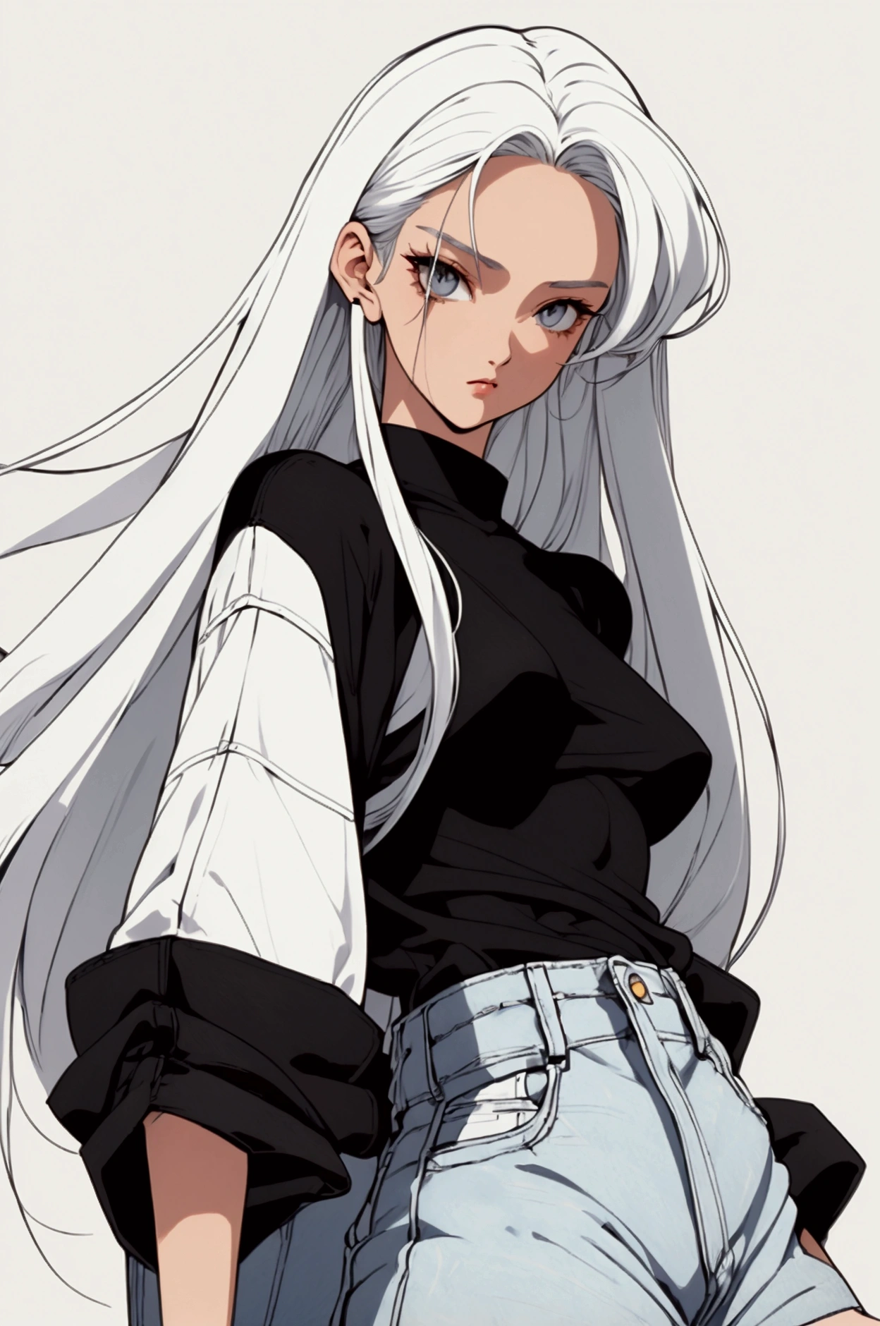 Women, 90s, retro, baggy jeans, black T-shirt, ( flat colors , Flat texture, linear drawing:1.2),  small breasts ,  long white hair  (white hair) silk hair . (background)city background, moto vespa.