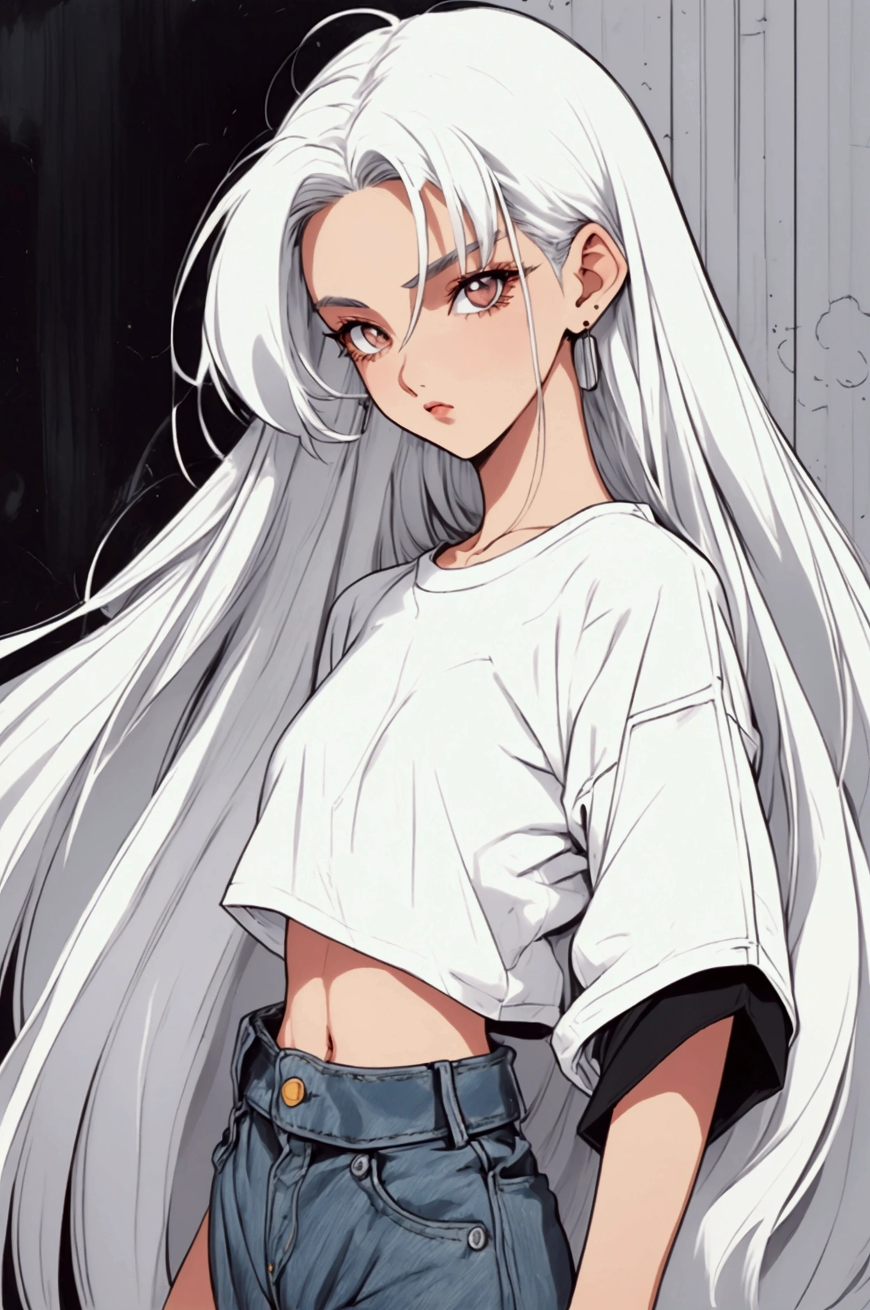 Women, 90s, retro, baggy jeans, black T-shirt, ( flat colors , Flat texture, linear drawing:1.2),  small breasts ,  long white hair  (white hair) silk hair . (background)city background, moto vespa.