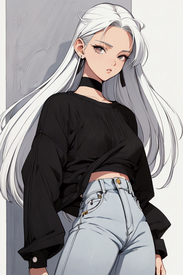 Women, 90s, retro, baggy jeans, black T-shirt, ( flat colors , Flat texture, linear drawing:1.2),  small breasts ,  long white hair  (white hair) silk hair . (background)city background, moto vespa.