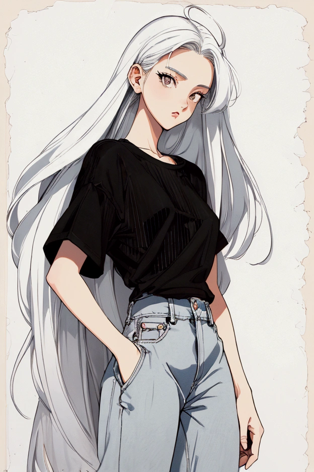 Women, 90s, retro, baggy jeans, black T-shirt, ( flat colors , Flat texture, linear drawing:1.2),  small breasts ,  long white hair  (white hair) silk hair . (background)city background, moto vespa.