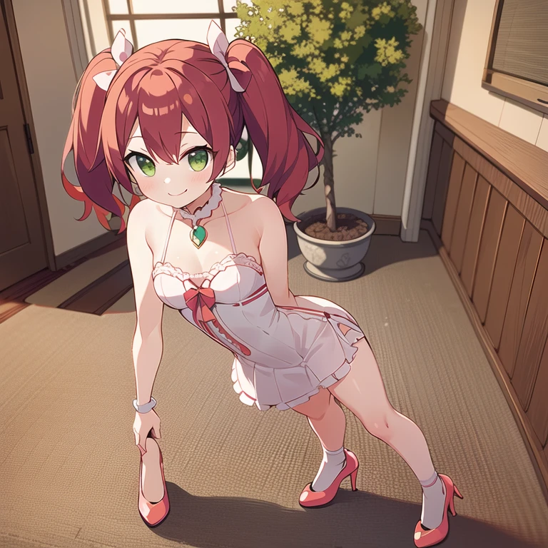 (Masterpiece, best quality) standing indoors with intricate details and sunlight, 1girl, red hair, twintails, green eyes, hair bow, pink and white frilled dress with short neckline, orange heels shoes, Mischievous smile,sexy pose, coquette, beautiful long legs, , gorgeous body, pronounced breasts.