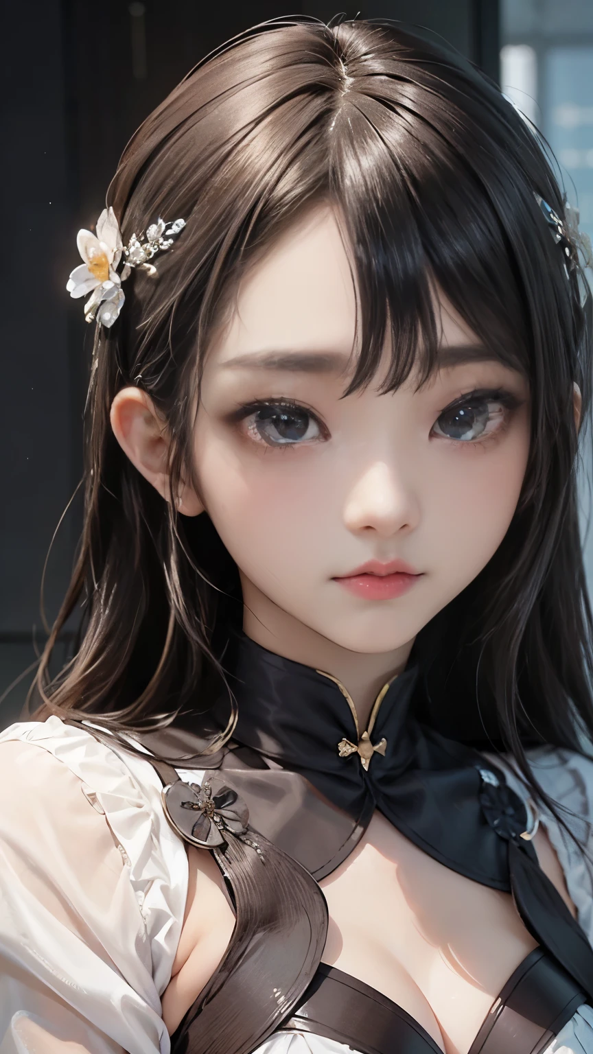 (((Masterpiece, top quality, ultra-detailed))), (((1 Infinity Mage Girl))), , (((very detailed face))), small thin nose, small thin-lipped mouth, (((very sharp focused eyes))), very large slit precision pale grey eyes, sparkling like jewels. Very long eyelashes, long black hair in black vertical curls, with fringes, ((Steampunk fashion, Gothic Lolita fashi