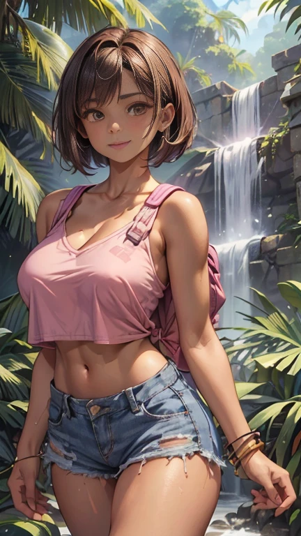 isabelmoner-smf, dora, 1girl, solo, photo background, shorts, purple backpack, smile, bag, pink tank top, deep cleavage, brown hair, shoes, socks, sneakers, looking at viewer, outdoors, standing, grin, day, hands on hips, jewelry, brown eyes, bracelet, short shorts, bangs, short hair, nature, blurry, white footwear, medium hair, blurry background, orange shorts, bimbo huge breasts, wet clothes, splashing under sunny waterfall