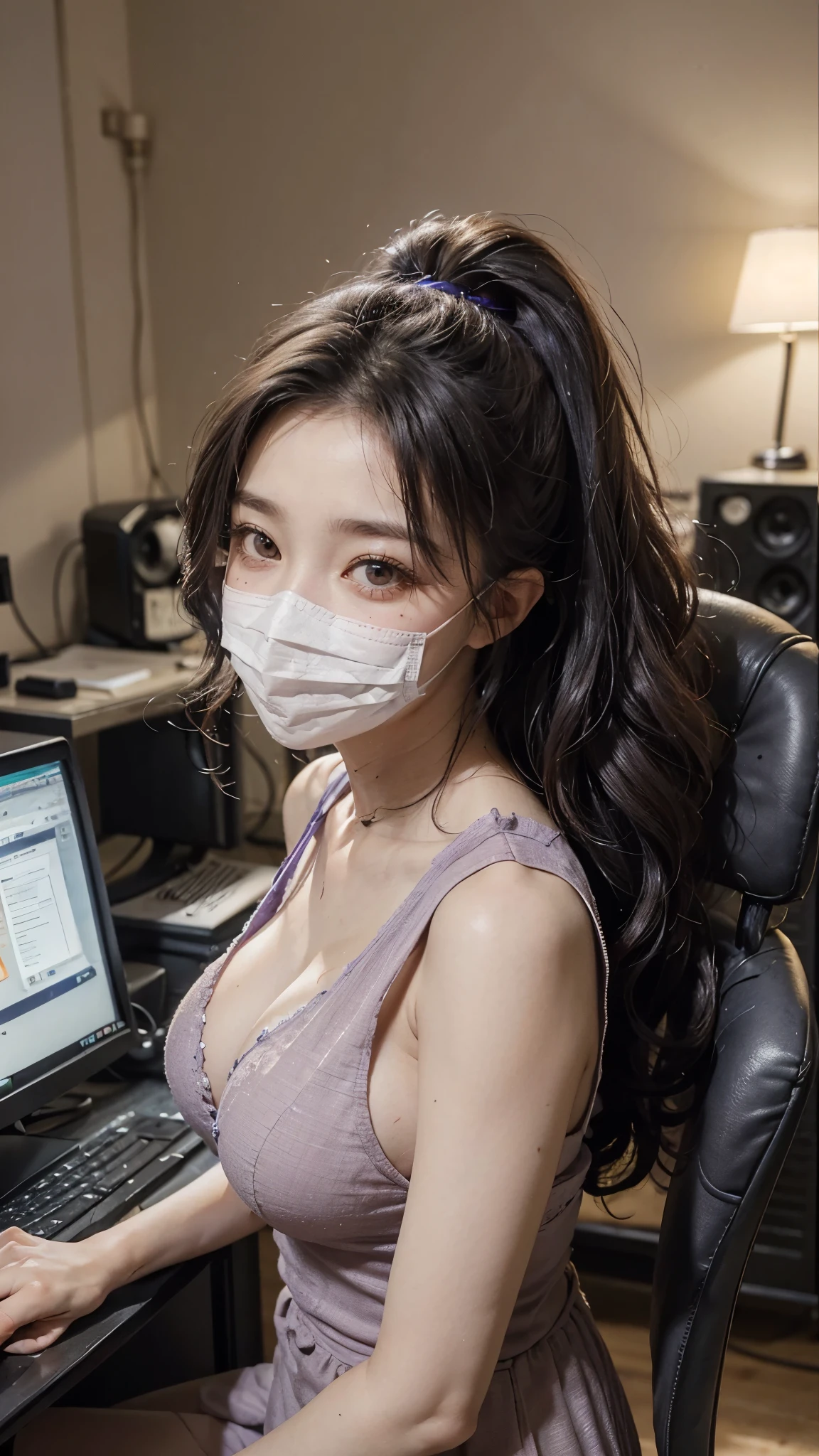 a girl with brown long hair, 25 years old,wear mask,wearing cosplay Elsa (from Frozen),hands up,sitting on a chair at restaurant chat on the phone with background Eiffel Tower,beautiful high detail face,heaving breast,stocking,hug tit,fat hips,maximum detailed,cleavage,vintage image,good body propotion ( perfect legs and hands),light,night,moon,sharp eyes,8k,masterpiece,professional,high resolution,ultra realistic photo,looking at viewer