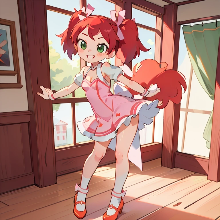 (Masterpiece, best quality) standing indoors with intricate details and sunlight, 1girl, red hair, twintails, green eyes, hair bow, pink and white frilled dress with short neckline, orange heels shoes, Mischievous smile,sexy pose, coquette, beautiful long legs, , gorgeous body, pronounced breasts.