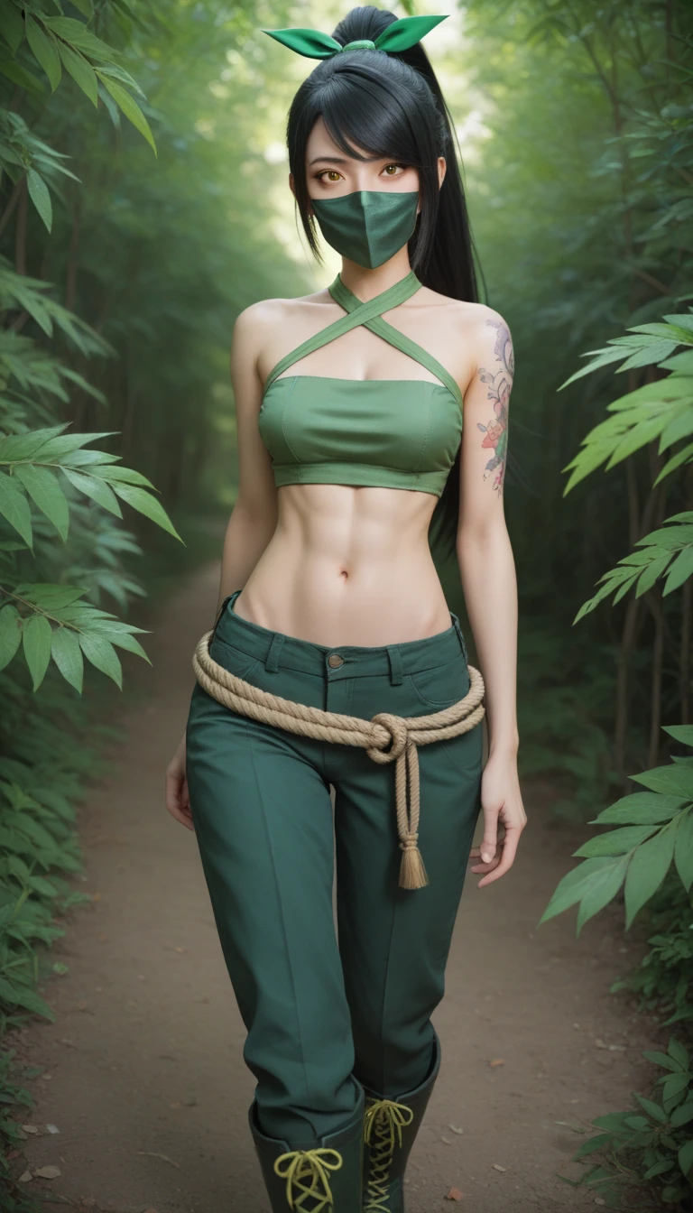 AkaliLoLXL, green mouth mask, yellow eyes, black hair, swept bangs, green ribbon, hair ribbon, long ponytail, arm tattoo, tattoo, medium breasts, bare shoulders, green crop top, leaf on hand, navel, rope belt, cylinder bag, hip vent, green pants, green boots, solo, walking, looking at viewer, outdoors, upper body