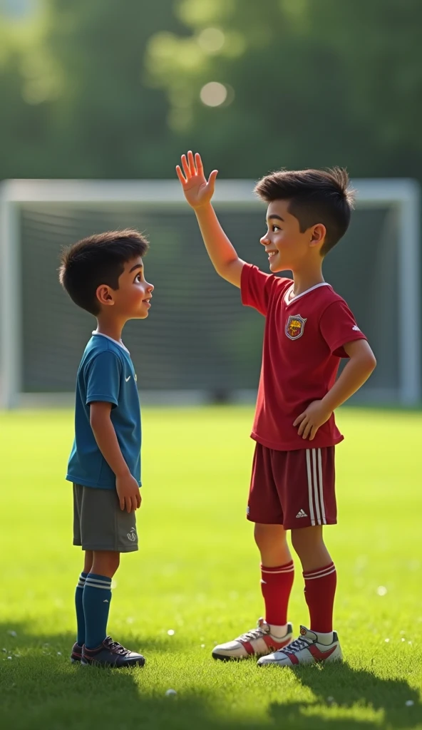 Two 10 years old boys, friends, joyful mood, playing with football 