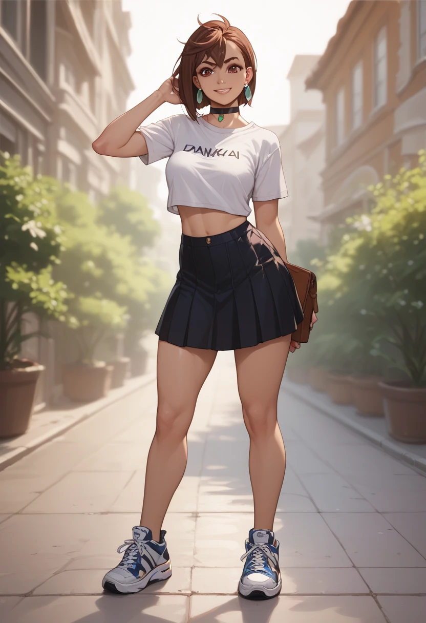 1girls ayase_momo medium_breasts dandadan female solo solo_female solo_focus circle_earring choker crop_top skirt_lace sneaker smile_to_viewer full_body_scene
