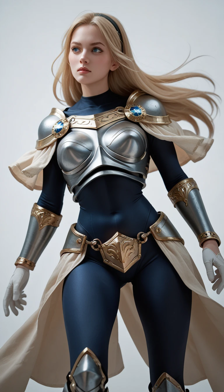 deflux, blonde hair, blue eyes, long hair, black hairband, armor, blue bodysuit, bracers, white gloves, armored boots