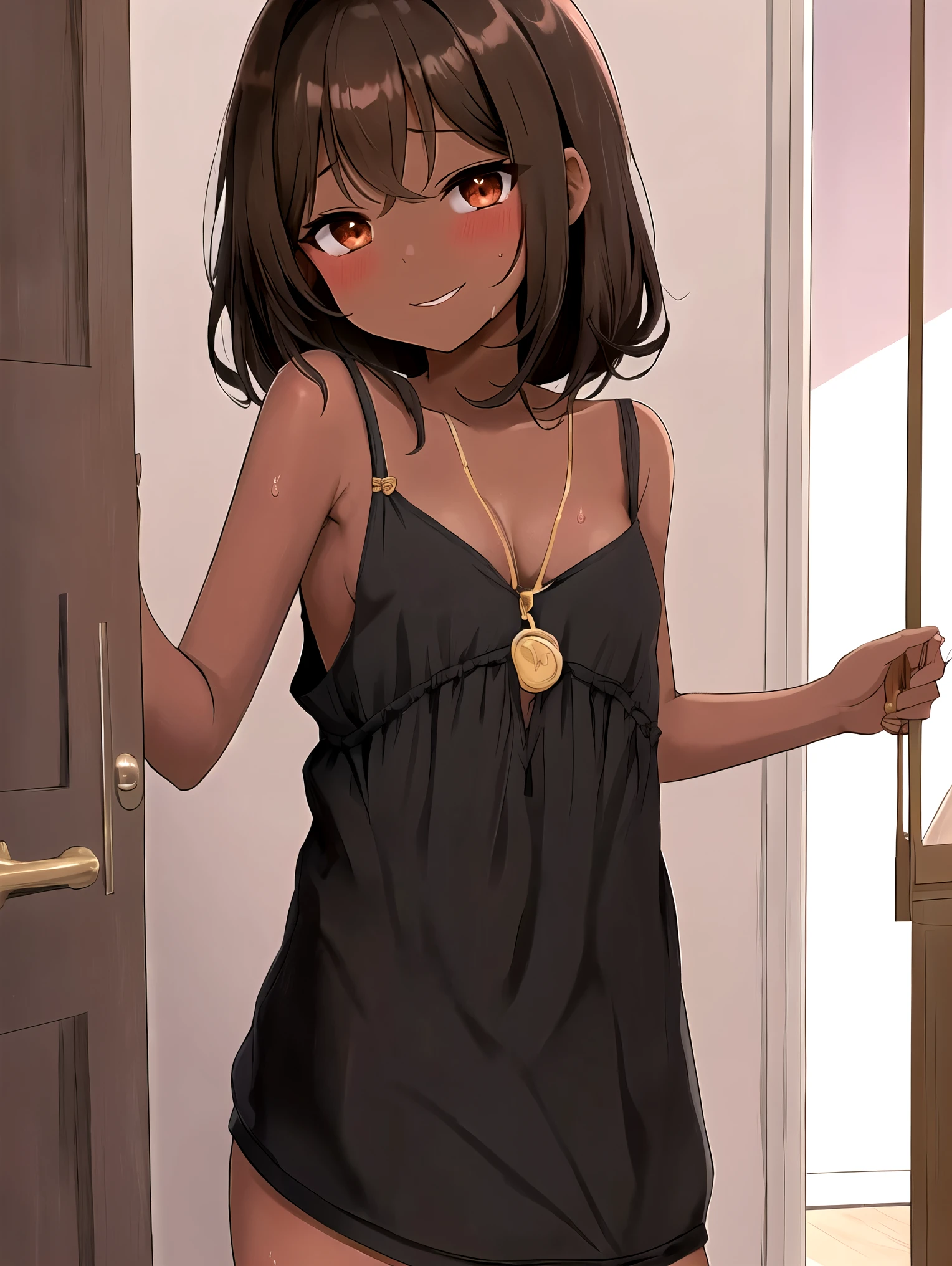 score_9, score_8_up, score_7_up, score_9, BREAK, dress, smile, (loli), dark skinned female, brown hair, background, 2D, medium shot, young, flat chest, girl, deep cleavage, revealing clothes, ba singsei, brothel background, prostitute, bangs, loose hair, gold coins in hand, aftersex, sweat, blush, disheveled, sloppily dressed, sleeveless, (loose clothes), half-dressed, loose cleavage, nipple slip, cum in pussy, door, exiting a house, just had sex, embarrassed, view into house, nude man in house, bed in background, 