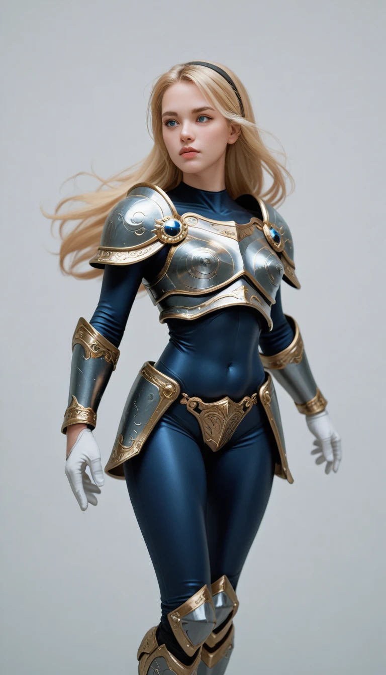 deflux, blonde hair, blue eyes, long hair, black hairband, armor, blue bodysuit, bracers, white gloves, armored boots