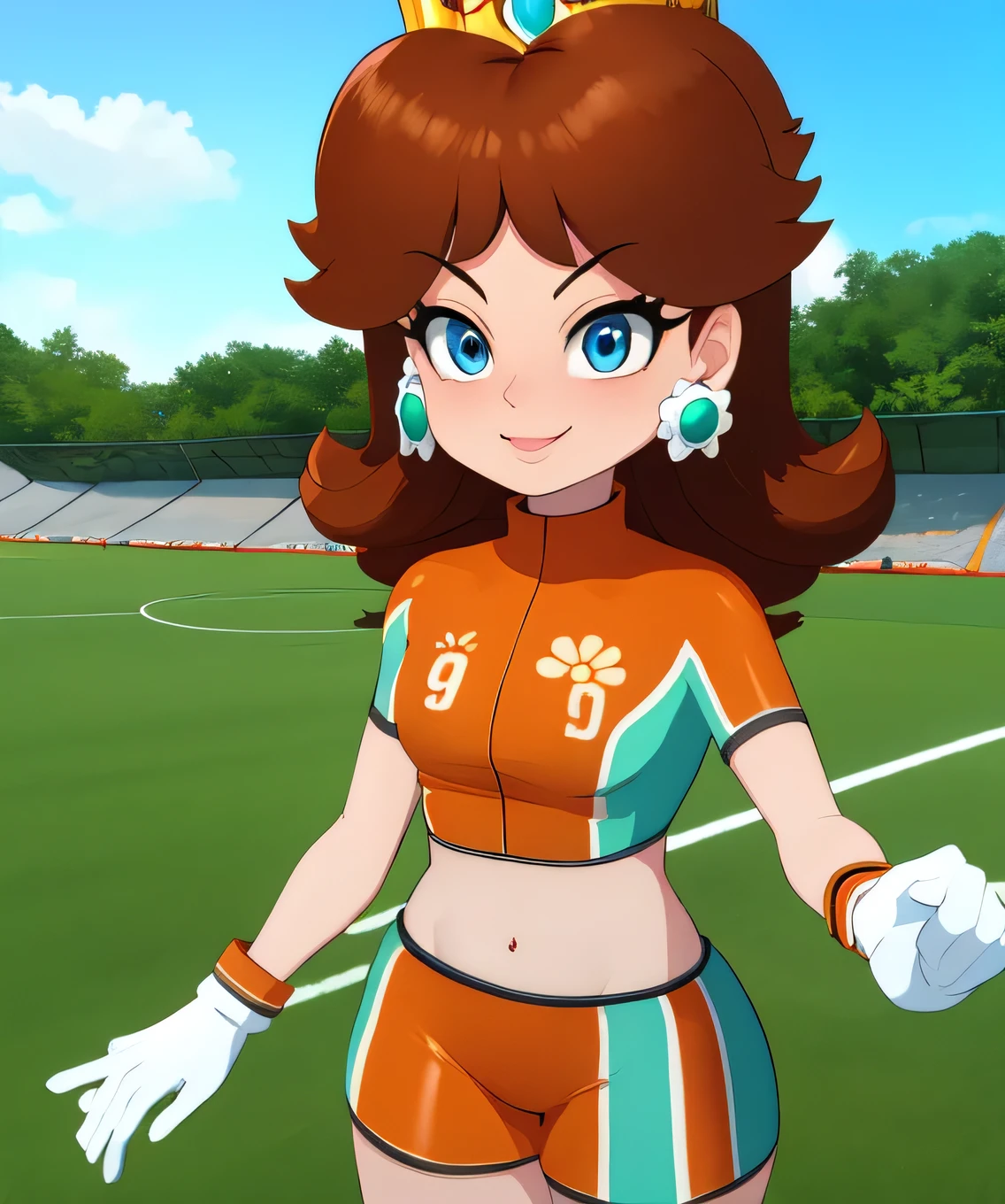 Daisy,brown hair,blue eyes,flower earrings,small crown,
number 8 soccer uniform,short sleeves,white gloves,orange teel shorts,midriff,clenched hands,
standing,smile,
soccer field,science fiction,outdoors,
(insanely detailed, masterpiece, best quality),