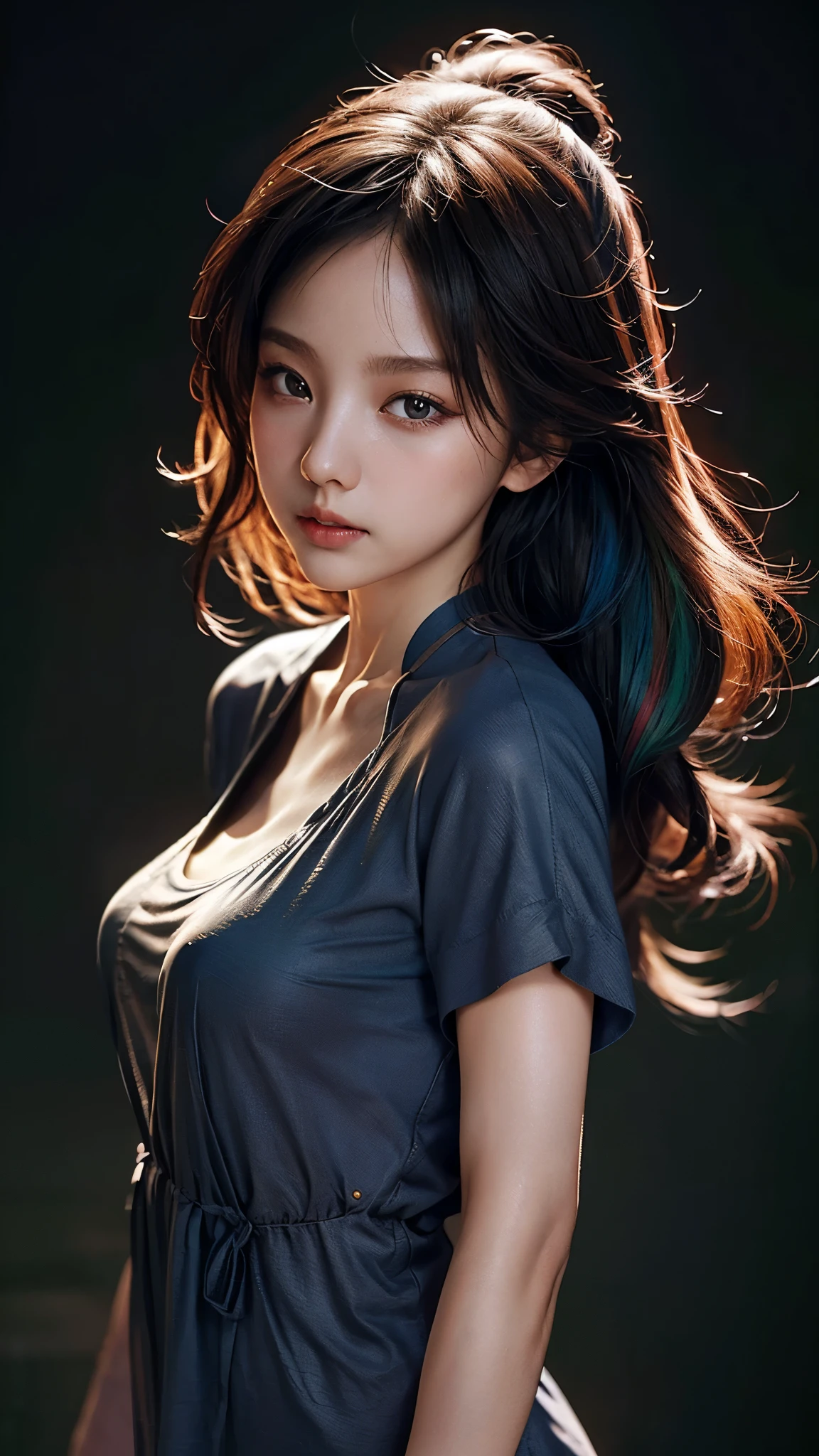 ( large silhouette top with colorful colors, casual clothing and mode type :1.0), 8k wallpaper, wonderful, (masterpiece), ( top quality), ( Very detailed ), (illustration), ( extremely delicate and beautiful ),dynamic angle,rainbow hair , Detailed and cute face , extremely delicate and beautiful girl,