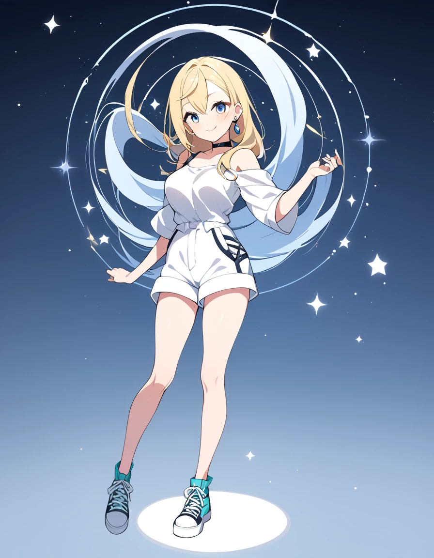 1girls ayase_momo medium_breasts dandadan female solo solo_female solo_focus circle_earring choker Romper sneaker smile_to_viewer full_body_scene
