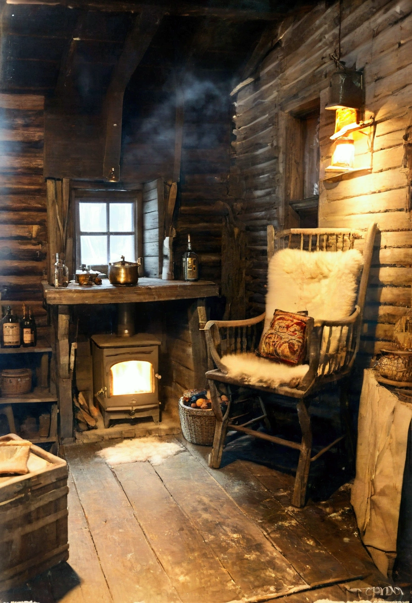 masterpiece, high quality ,  maximum photorealism ,  reportage photo . Arctic wintering house , There are many intricate Chukchi ethnic details in the interior of the house ,  polar explorer equipment , skiing wood for the stove ,  canned bread , supplies ,  outside, the Far Arctic ,Chukotka , the dark polar night ,blizzard,Bad weather,blizzard,snowfall.  Very small square window ,  An atmosphere of comfort and tranquility .  An armchair with a book on it in a small dark room in a tiny wooden cabin with a low ceiling (( without electric lighting )). On the log walls, Chukchi amulets and bunches of dried herbs . Behind a very small dark window ,  decorated with velvet beige curtains ,необычайно  the dark polar night . The Christmas tree is decorated only with colorful unlit glass balls .  a cozy brown plush chair by a small window . The plank floor next to the chair is covered with soft deer skin . On a simple plank table next to the chair there is a lit kerosene lamp ,  a half-empty bottle of whiskey and a large pot of Olivier salad , on the wooden windowsill of a small window and on the shelves several bottles of whiskey and cognac full of whiskey and cognac along the walls . on the floor under the window, a barrel of Irish ale and many different preserves . On the keg there is a basket of tangerines . In front of the chair there is a large stove with burning wood .