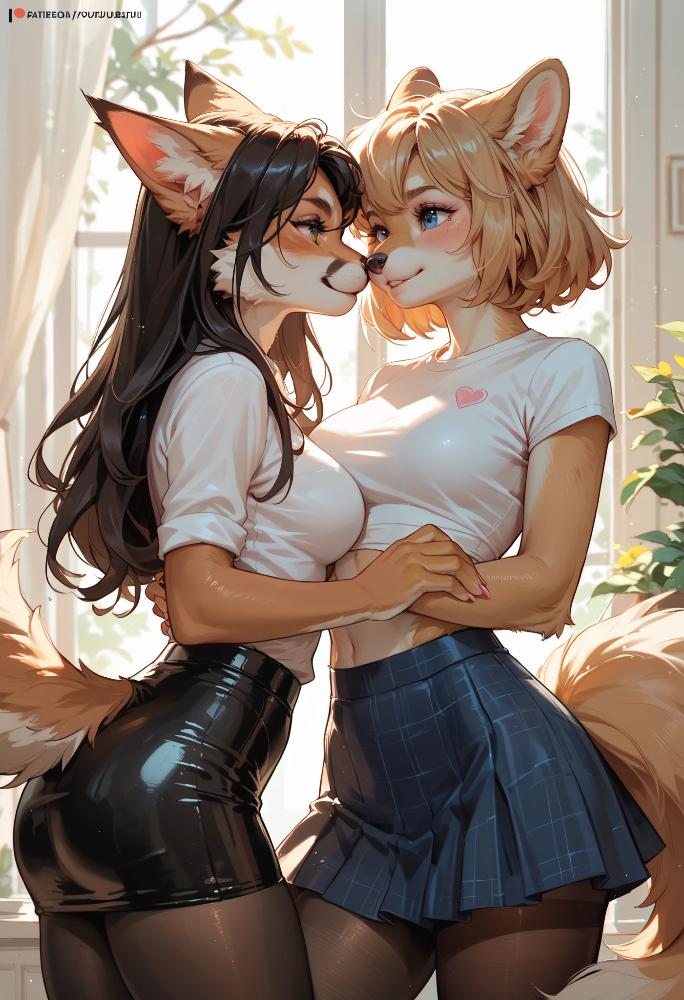 beautiful, (masterpiece), high quality, Highly detailed CG Unity 8k wallpaper, High resolution, perfect lighting, youthful, adolescent, tall, slim, skinny, frail slender figure, slim legs, medium breasts, furry deer and wolf, 2girls, lesbian, size difference, huge sharp antlers, distinctly feminine figure, narrow hips, long legs, thick, fluffy, volumetric fur, sports bra, cinematic high fidelity, golden fur with black spots, long black hair loose and messy and frizzled, close up angle, french kissing, wrapping legs around, tongue sticking out, legs quivering, saliva dripping, sweaty, blushing, intimate, looking at camera, deep detailed brown eyes, detailed fluffy fur, fluffy fur texture