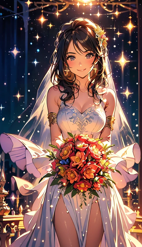 (best quality, masterpiece:1.2), (realistic:1.3),, (ultra-detailed background, detailed background), bokeh,, , gorgeous prom dresses, luxury prom dresses, wedding dress, bridal veil, bridal gauntlets, bridal cascading bouquet,, upper body,, wedding at church,, , 1girl, cute, teenage, posing, smiling,, dynamic angle, dynamic pose,, , very long hair