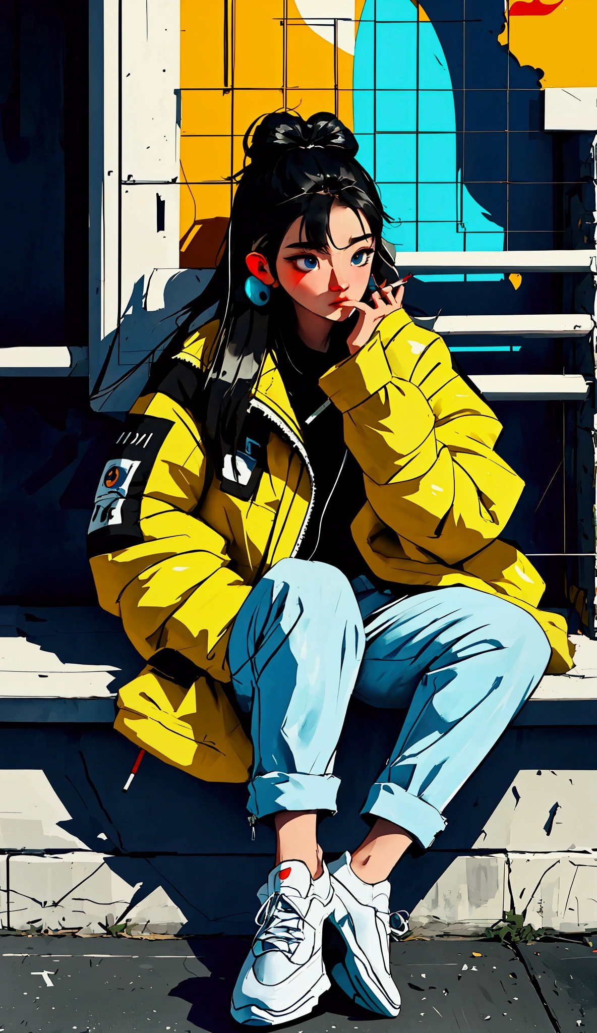  painting of a woman sitting on a wall smoking a cigarette  ,  wearing headphones this one with her feet resting on the headset with her legs crossed, sneakers ,  yellow coat jacket with geometric patterns  ,  falls on the shoulders  ,  rolled jeans  ,  the lower part of the wall is peeled with cyan colors  ,  blue yellow and orange  ,  black sweatshirt with inscriptions  ,  Look slightly down  ,  with one hand on the cigarette  ,  straight hair with a stripe in the middle  , Shiny hair,  cyberpunk art inspired by Yanjun Cheng  , Trend in Artstation , street art,  artwork in the style of Guweiz  , guweiz, guweiz&#39;s Masterpiece , guweiz on ArtStation Pixiv, Cyberpunk streetwear, trending on cgstation, guweiz on pixiv artstation, Style Ross Tran