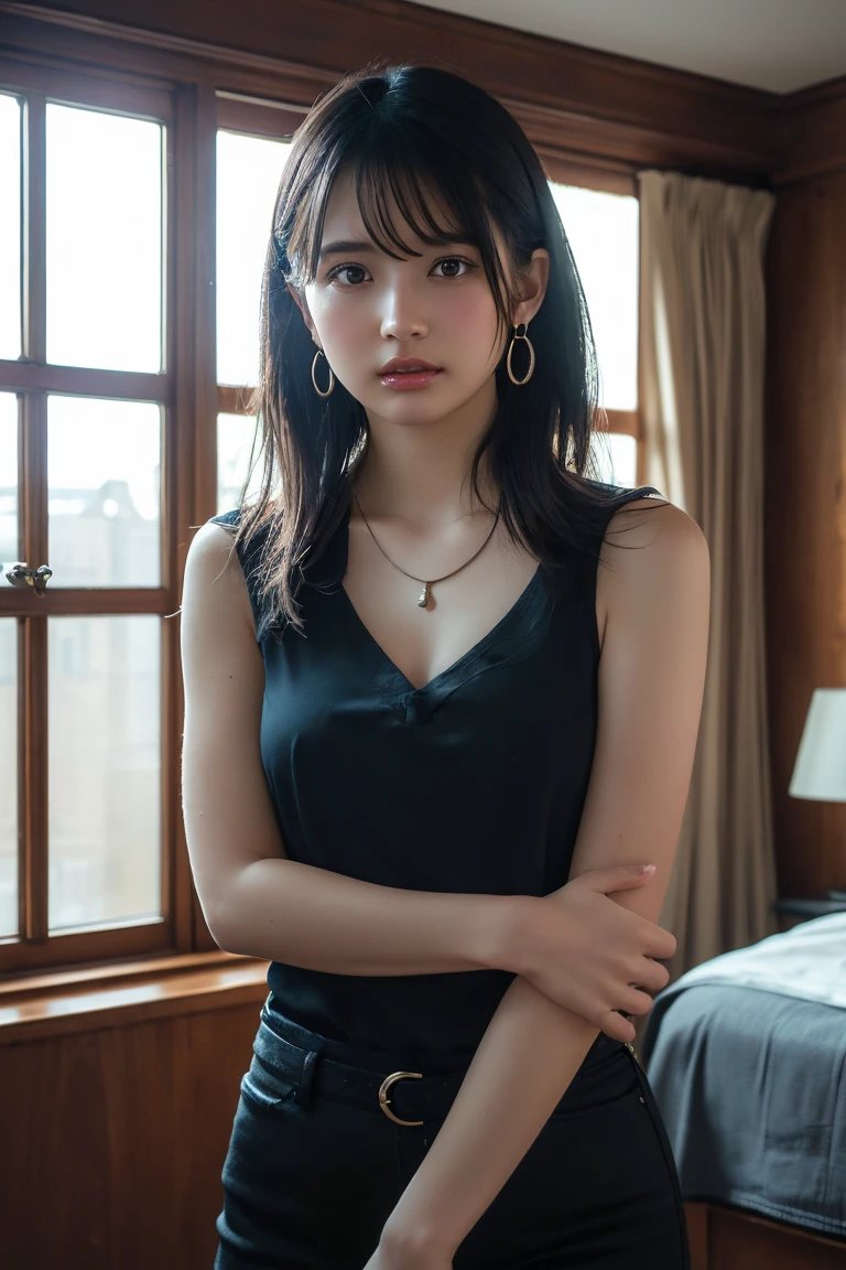 Outdoors at night、((Revealing sleeveless top 1.2))、Crouch down