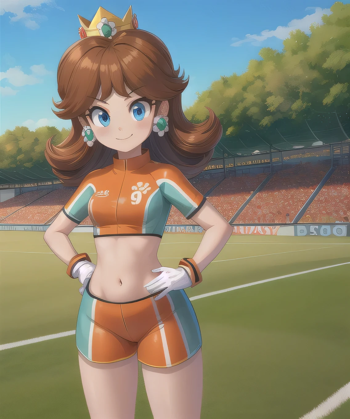 Daisy,brown hair,blue eyes,flower earrings,small crown,
number 8 soccer uniform,short sleeves,white gloves,orange teel shorts,midriff,clenched hands,
standing,smile,
soccer field,science fiction,outdoors,
(insanely detailed, masterpiece, best quality),