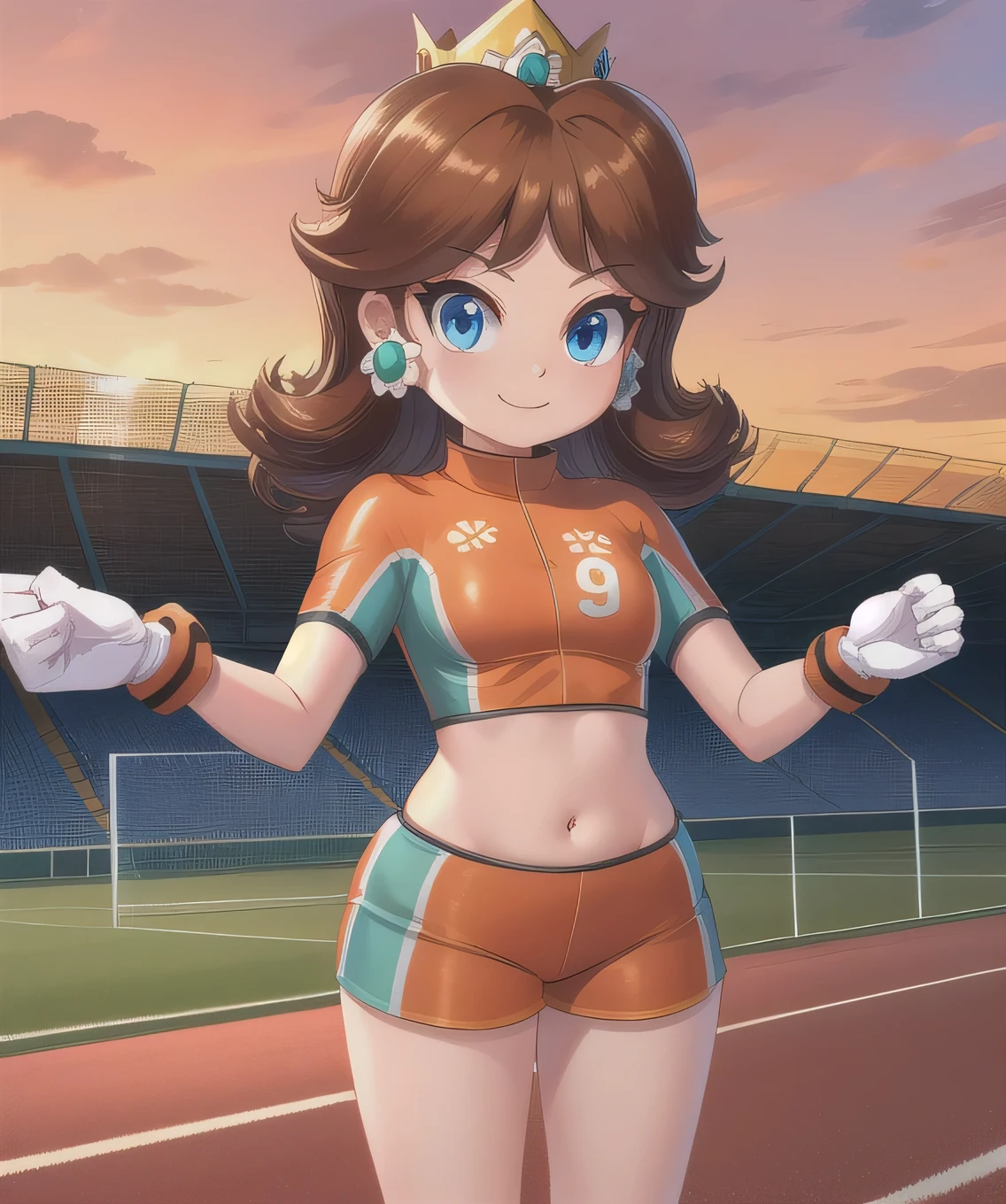 Daisy,brown hair,blue eyes,flower earrings,small crown,
number 8 soccer uniform,short sleeves,white gloves,orange teel shorts,midriff,clenched hands,
standing,smile,
soccer field,science fiction,outdoors,
(insanely detailed, masterpiece, best quality),