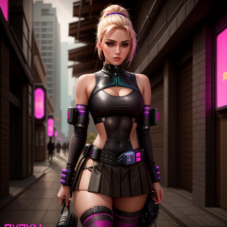 8k, (Full Body Portrait) ,masterpiece、Realistic:1.2, Realistic, Ultra-high resolution, highest quality, (Solo, 1girl), (Masterpiece, Detailed, 4k), perfect face, perfect lips, perfect makeup, dark eyeshadow, Unreal Engine 5, (Full Body Portrait), absurd resolution, high resolution, sharp image, vibrant colors, Synthwave colors, Vaporwave colors, ((Female Ninja)) with blonde hair, two ponytails in hair, pleated skirt, neon lights, night sky