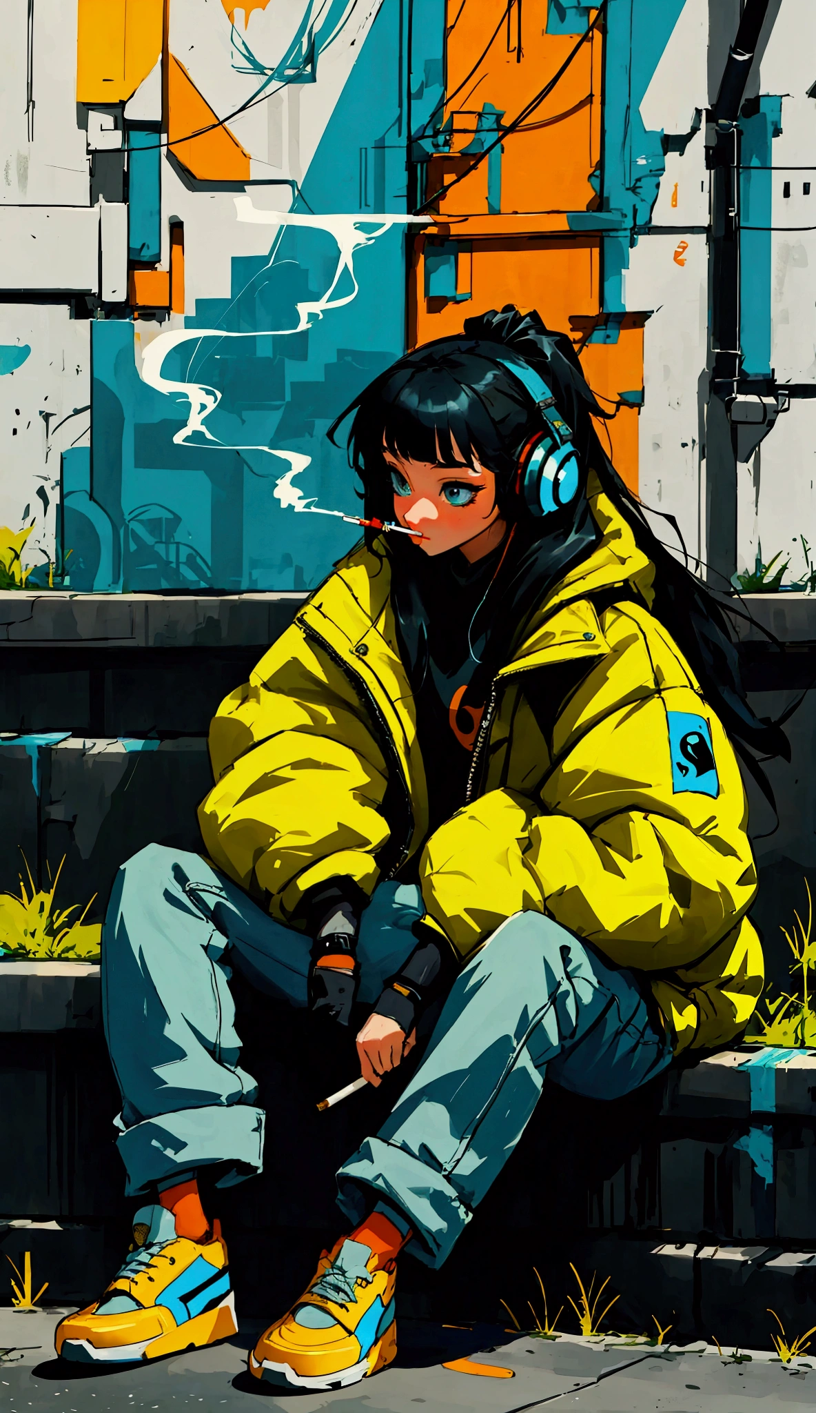  painting of a woman sitting on a wall smoking a cigarette  ,  wearing headphones this one with her feet resting on the headset with her legs crossed, sneakers ,  yellow coat jacket with geometric patterns  ,  falls on the shoulders  ,  rolled jeans  ,  the lower part of the wall is peeled with cyan colors  ,  blue yellow and orange  ,  black sweatshirt with inscriptions  ,  Look slightly down  ,  with one hand on the cigarette  ,  straight hair with a stripe in the middle  , Shiny hair,  cyberpunk art inspired by Yanjun Cheng  , Trend in Artstation , street art,  artwork in the style of Guweiz  , guweiz, guweiz&#39;s Masterpiece , guweiz on ArtStation Pixiv, Cyberpunk streetwear, trending on cgstation, guweiz on pixiv artstation, Style Ross Tran