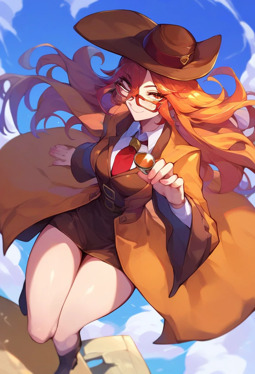 sCore_9,sCore_8_above,Core_7_above,   mavuika-gi ,  a girl, d cup breasts, alone, long hair,   pechos grandes , sky, blows, smile, outdoors,  Body, day, soft thighs, adult, brown detective costume, glasses