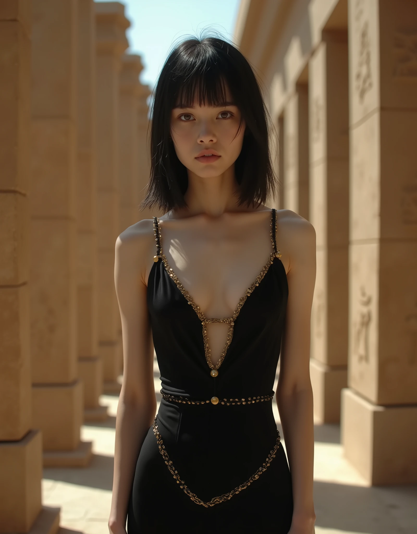 (best quality, 8ก, 32K, Masterpiece, UHD:1.2) "Create an artistic scene with a short, black-haired Japanese model in a chic bob., Poseอย่างหรูหราในไม่ใส่เสื้อผ้าท่ามกลางซากปรักหักพังโบราณและปิรามิดแห่งอียิปต์. Picture her amidst the mesmerizing views of the historical ruins and grandeur of the Egyptian pyramids.. Capture the contrast between modern swimsuit fashion and the timeless beauty of archaeological sites.. Use lighting to highlight the mystery and beauty of ancient ruins., Ready to present the elegance and style of the models against a historical backdrop.." Pose, dynamic movie light