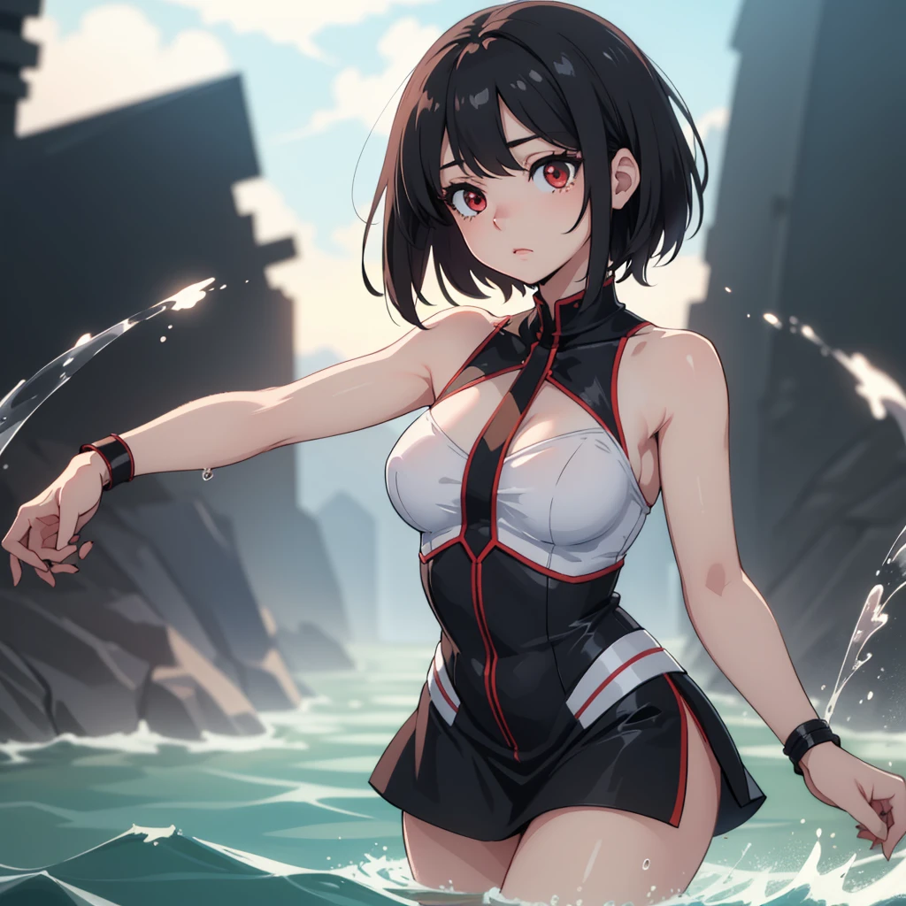 There were blood stains all over the body of an anime girl with long black hair in a string bikini.