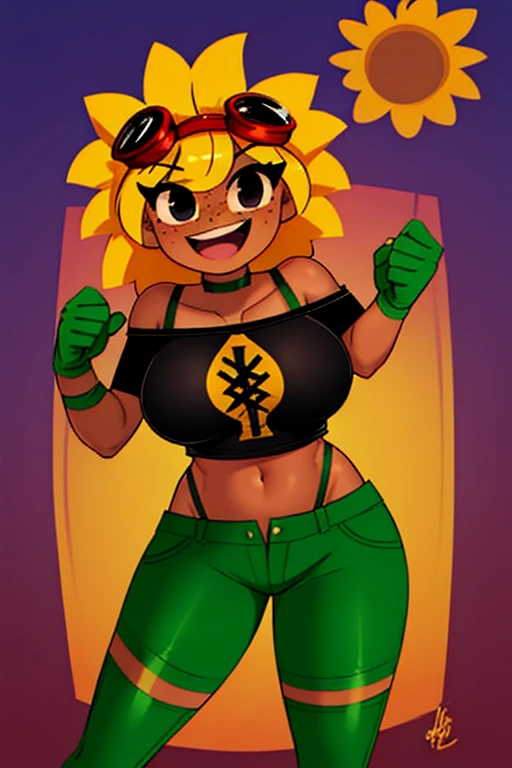 (master part, melhor qualidade), intricate details 1moça, , fundo pesado, bunda gigantesca, hiper coxas,milf lingerie bunda grande bunda foco(master part, melhor qualidade:1.2)solar_flare_(plants_vs_zombies_heroes), masterpiece, best quality, 1girl, solo, goggles, blonde hair, goggles on head, breasts, shorts, freckles, dark skin, dark-skinned female, navel, gloves, green shorts, midriff, medium breasts, crop top, spiked hair, cowboy shot, clenched hands, black eyes, shirt,