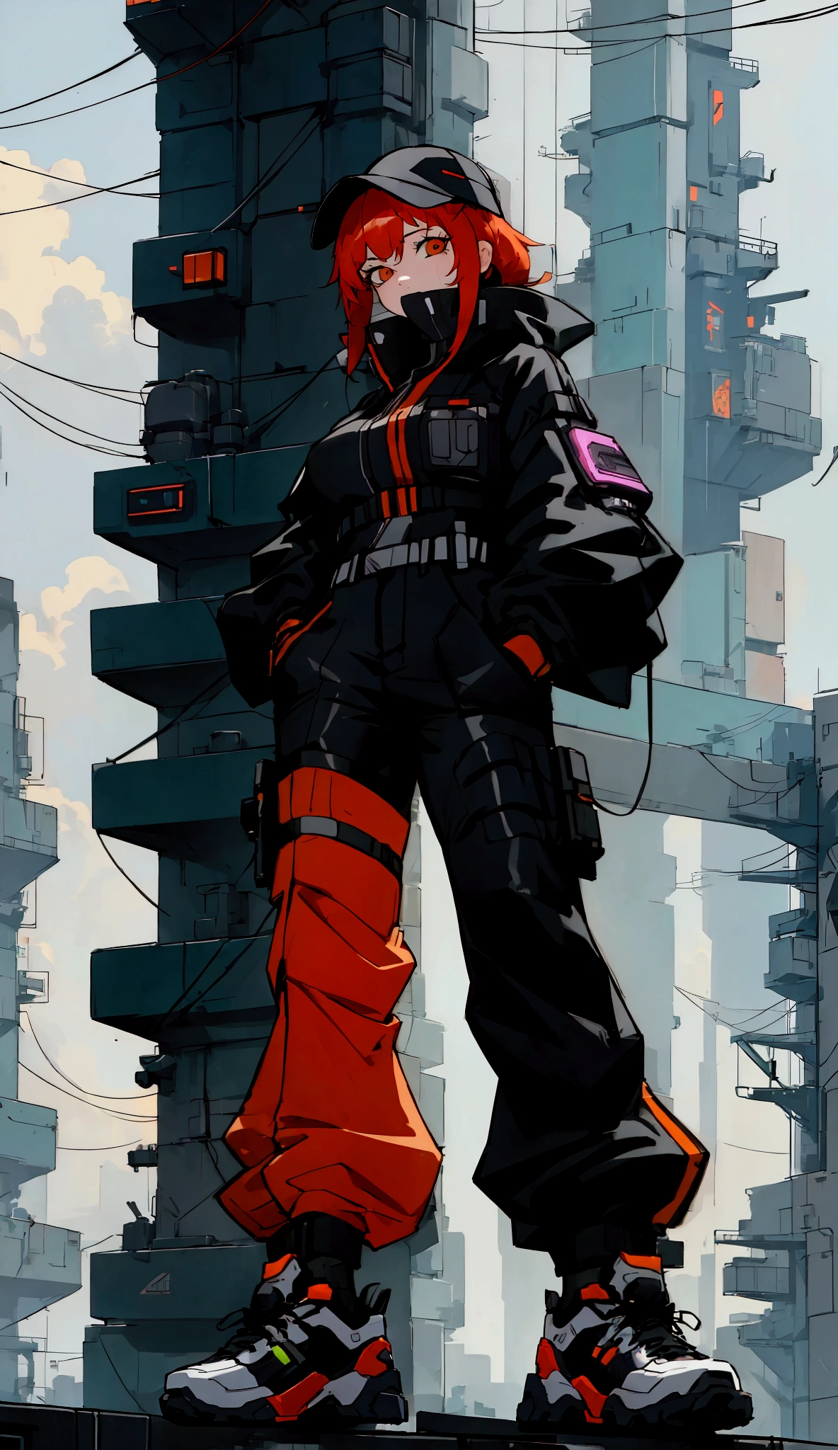   a woman wearing a jacket and wide black pants with a hat with a visor black sneakers with orange stripes,   long strap belts in jacket and pants  ,   dynamically poses hands in the pockets of the pants , NArte cyberpunk by Russell Dongjun Lu  ,  trend in CGSociety , arte digital, Cyberpunk streetwear,  Techwear appearance and clothing  , wearing Cyberpunk streetwear,   Technological clothing of the future  , futuristic techwear,  cyberpunk style ,  Cyberpunk technical clothing , technological fashion ,   Cyberpunk character design  , cyberpunk clothing