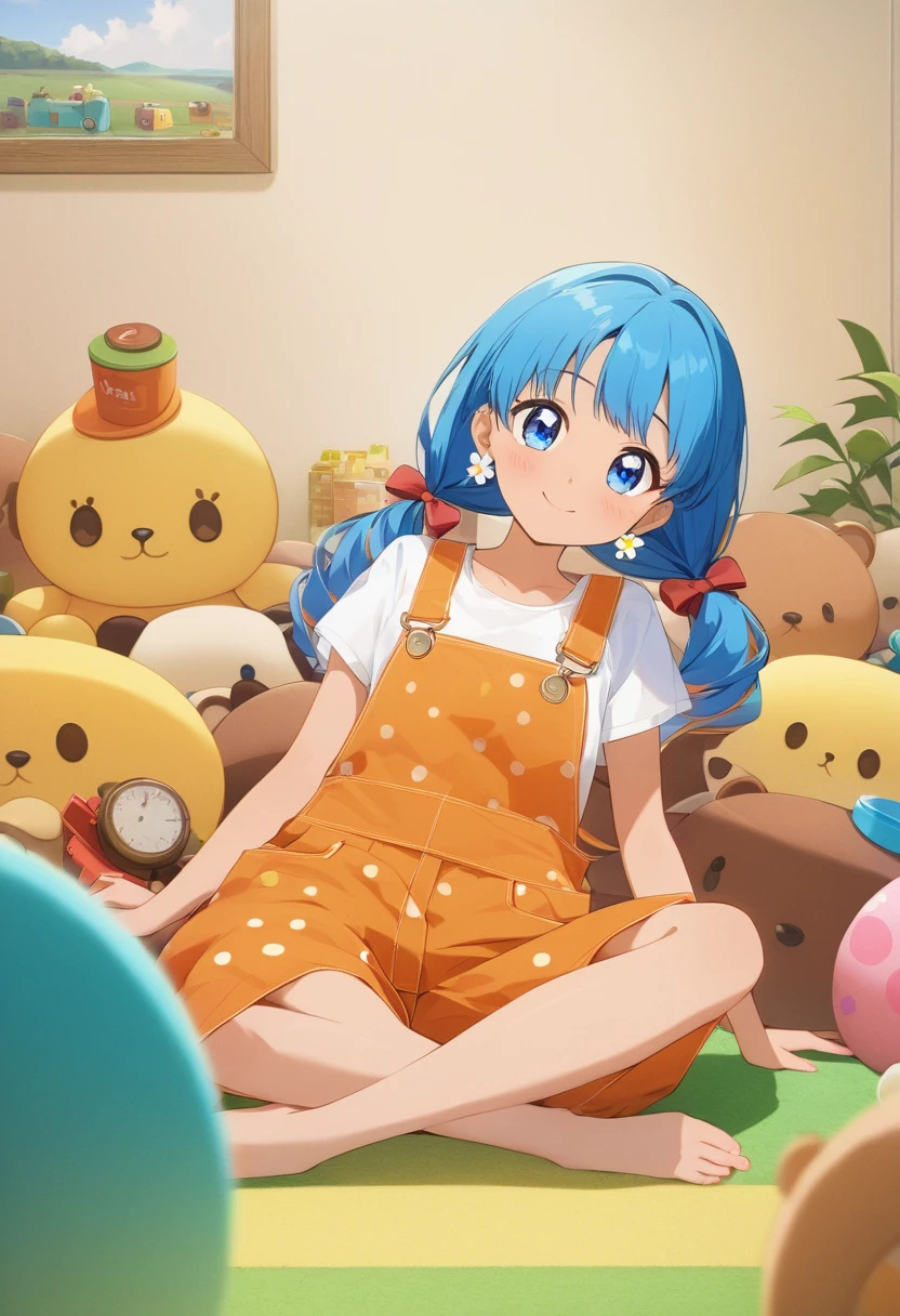 Score_9, score_8_up, score_7_up, score_6_up,1girl, solo, masterpiece, best quality, blushing, cute girl, sitting on the floor, orange overalls with polka dot print on them, long hair, low pigtails, blue hair, blue eyes, hugging a stuffed brown teddy bear, surrounding her is a room filled with toys and dolls/landscape, barefoot,  flower earrings vintage anime XL smiling happily, tanned skin