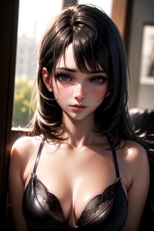 (8k, RAW Photo, Best Quality, Masterpiece:1.2), Ultra Detail, Super Resolution, (Realistic, Realistic Photo:1.37), Portrait, High Detail RAW Color Photo, Professional Photo, Extremely Detailed and Beautiful, Extremely detailed, 8k wallpaper, amazing and detailed, huge file size, official art, highly detailed CG unity 8k wallpaper, highly detailed beautiful girl, highly detailed face, highly detailed eyes, highly detailed skin, highly detailed fingers, highly detailed nose, very detailed detailed mouth , perfect anatomy, highly detailed background, highly detailed clothes, 1girl, (20:1.2), 20s, cute girl, realistic body, petite, fair skin, glowing skin , slim body, handsome body, black hair , short hair, (blunt bangs:1.2), smile, cute, youthful, cute face, realistic face, delicate eyes, drooping eyes, lingerie, see-through, earrings, looking at viewer, facing front, standing posture, Contraposto, dynamic lighting, very large breasts,