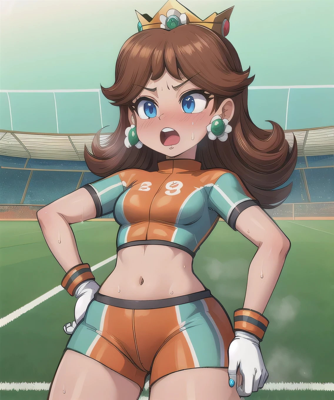 Daisy,brown hair,blue eyes,long hair,flower earrings,small crown, number 8 soccer uniform, short sleeves, white gloves, orange shorts, midriff, number 8, standing, sweaty, exhausted, hand on hips soccer field, science fiction, outdoors, open mouth, steam coming out of mouth, breath, heavy breathing (insanely detailed, masterpiece, best quality),