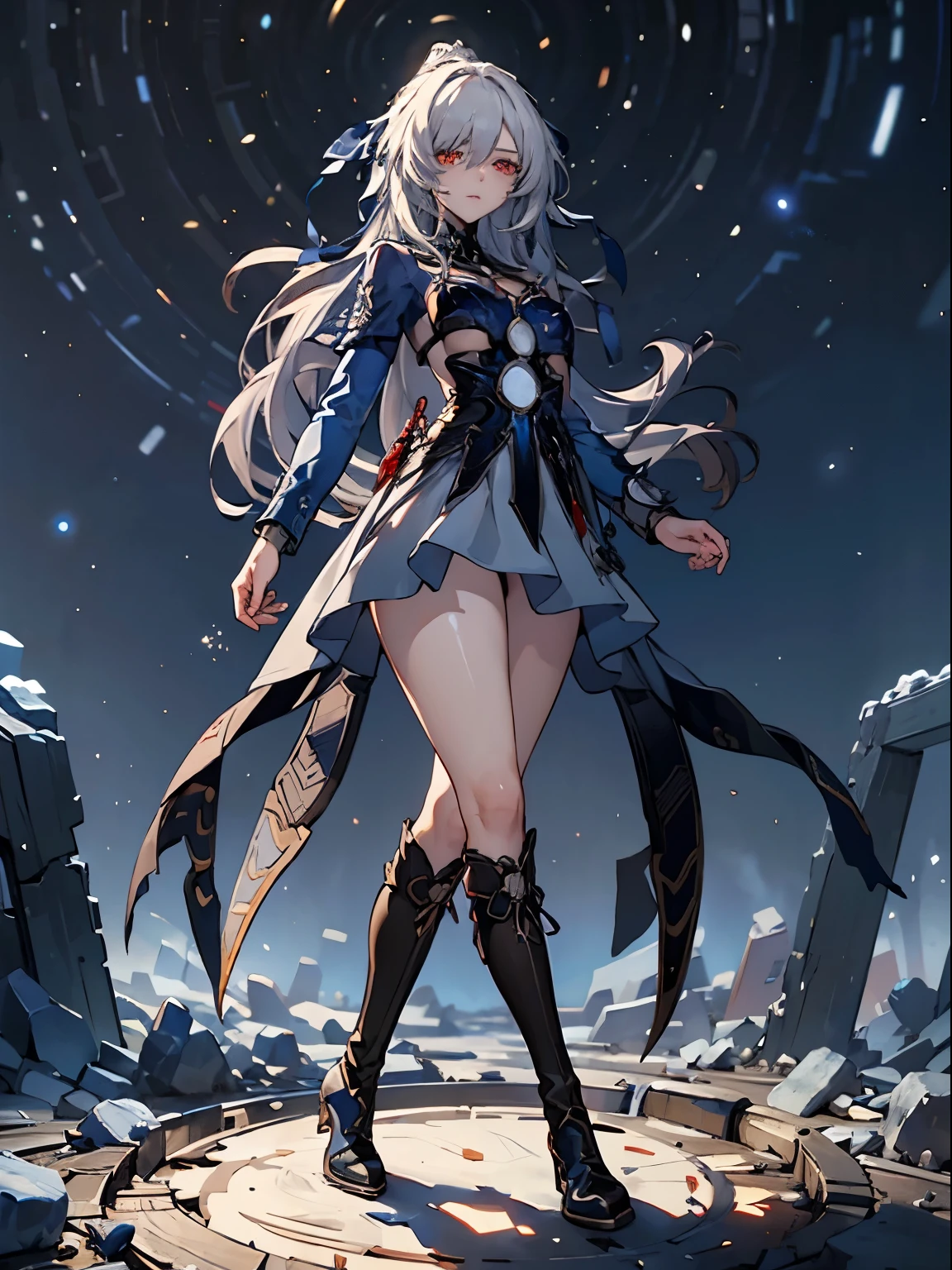 1girll, this \(Collapse: Star Trails\), masterpiece，top-quality，Best Quality, 8K, Masterpiece, Best quality, Ultra-detailed, stand proudly，Red eyes, bare legs, black boots, long white hair, Long legs, no weapons,Stand up, look at the world, be cool