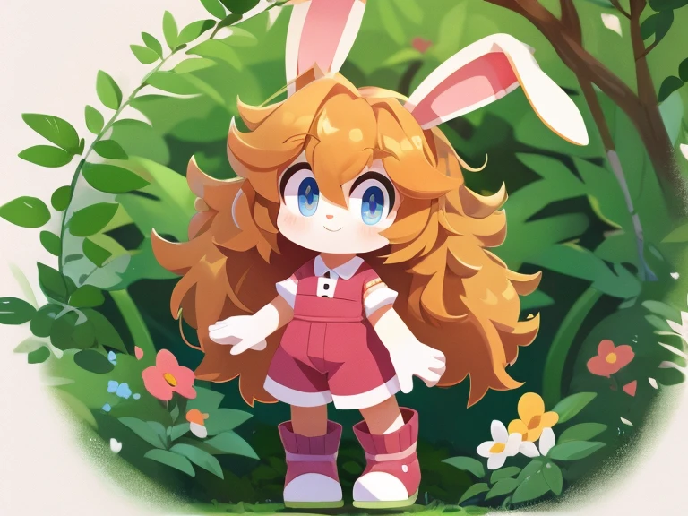  A boy with a cute yellow rabbit, thick hair, a detailed body, short clothes, a garden background, high quality 