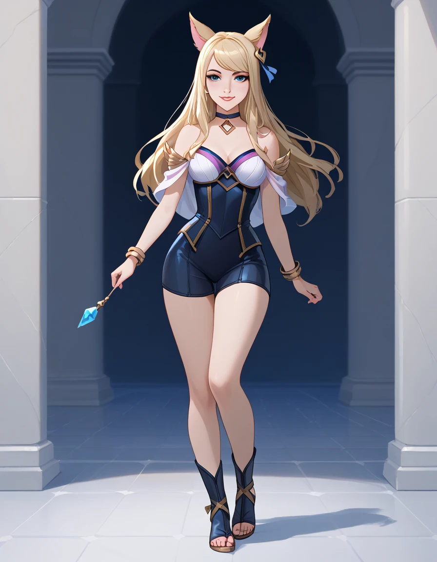 ((full body shot, standing, feet on the ground))KDA Ahri LoL , masterpiece, best quality, highly detailed, score_9, score_8_up, score_7_up, score_6_up, anime font,BREAK, 1girl, solo, standing, nude , thin, long hair, blue eyes, flower, hair tie, breasts, bow, looking at viewer, freckles, parted lips, watermark, smile, full body, red lips, lips, inside a prison cell , tied with natural rope, feet together, knees together, elbows together, feet connected to shoulders, front view of the heroine. She looks at you, your gauze hurts, gladiator sandal boots: 1.6,  fishnet stocking

