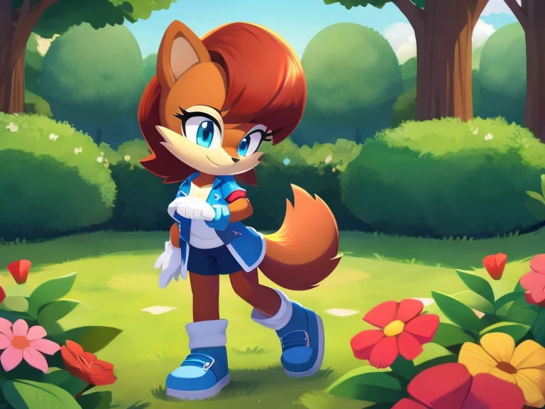 Girl Sally Acorn Squirrel Bonnie Shiny hair Detailed body Plain clothes Garden background High quality 