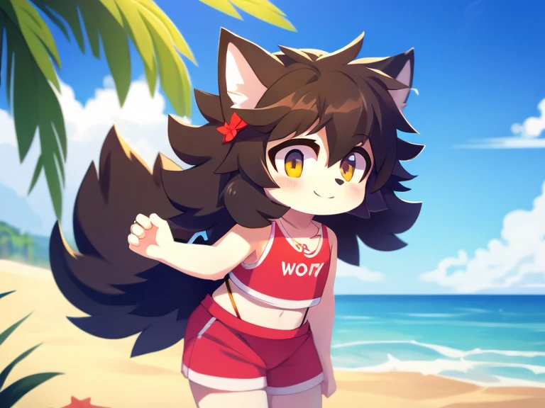 Boy for wolf, cute, thick hair, detailed body, short clothes, beach background, high quality 